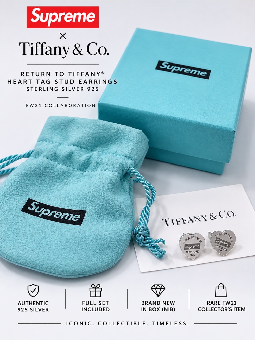 Supreme x Tiffany & Co. Return to Tiffany Heart Tag Stud Earrings 925 Silver NIB